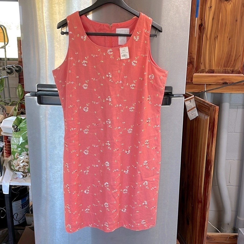 Vintage Linen sleeveless crewneck half zip women’s 14 pink Sheath Dress roses
